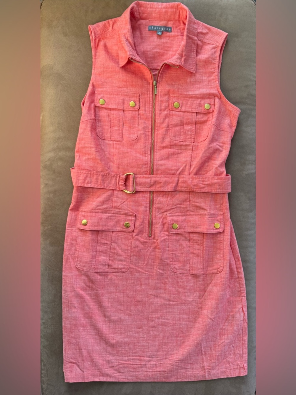 Sharagano Coral-Pink Sleeveless Belted Utility Dress
